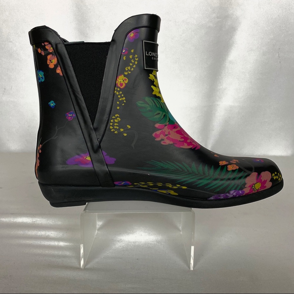 NIB London Fog Blk Floral Short Rain Boots - Picture 2 of 7